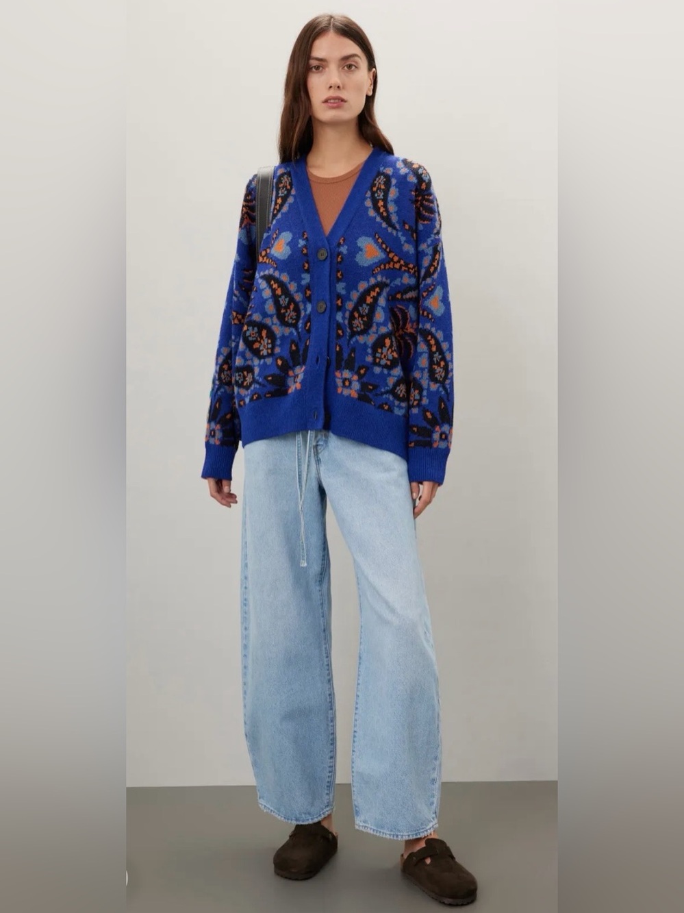 Farm Rio Toucans Mixed Scarf Pattern Blue Floral Jacquard VNeck Cardigan Sweater